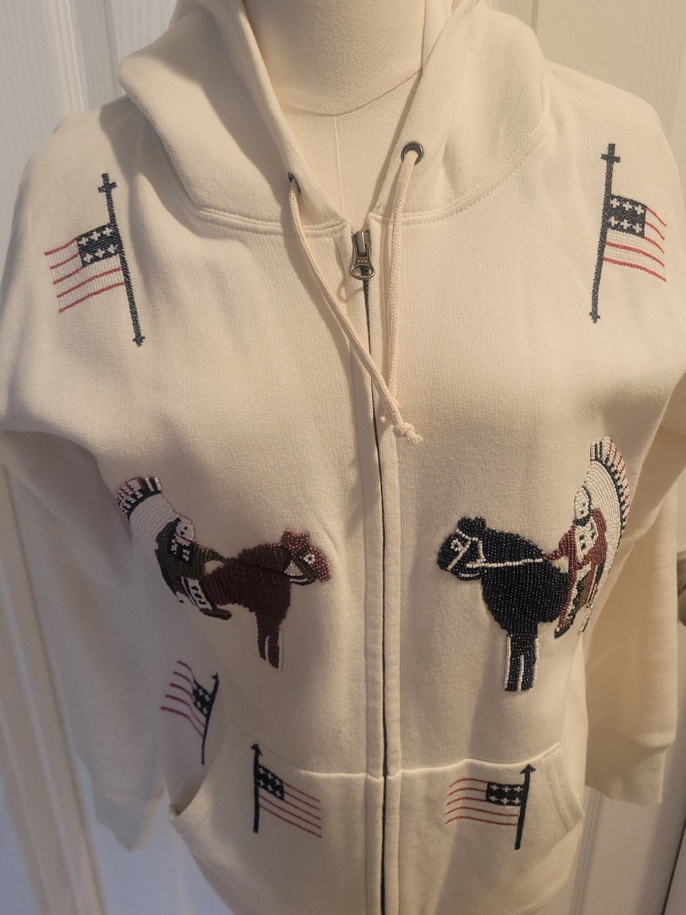 Kids Cream Zip-Up Hoodie with Beaded Horse & Flag Motif